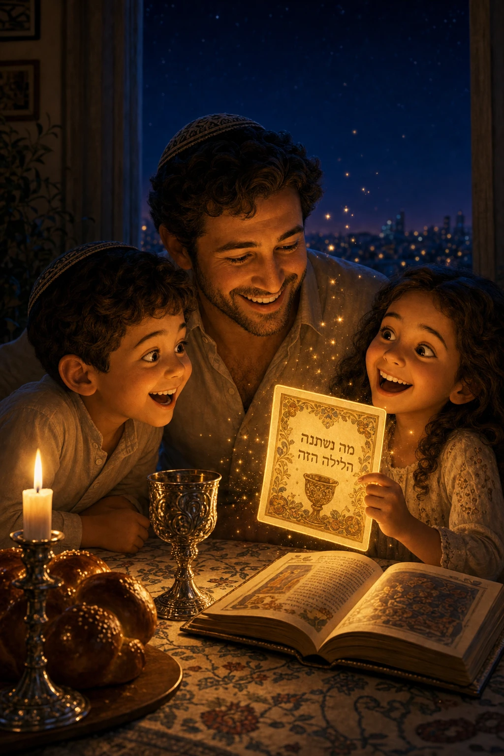 A father and children laughing over a sparkling illustrated question card