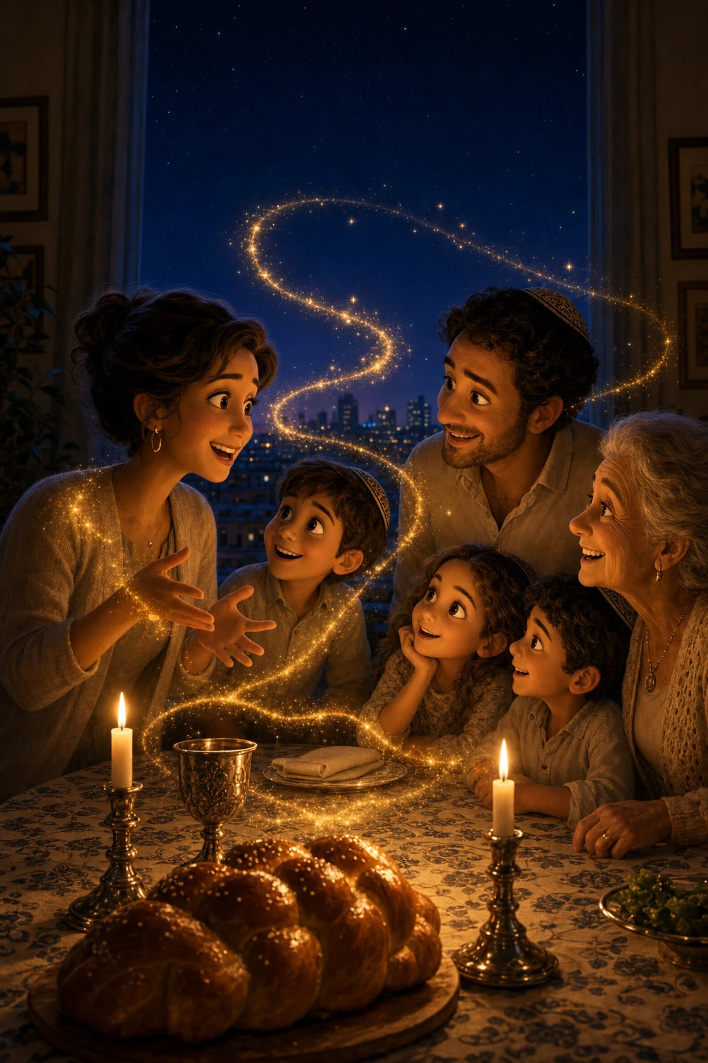 A mother and daughter in warm candlelight, a thread of golden light between them