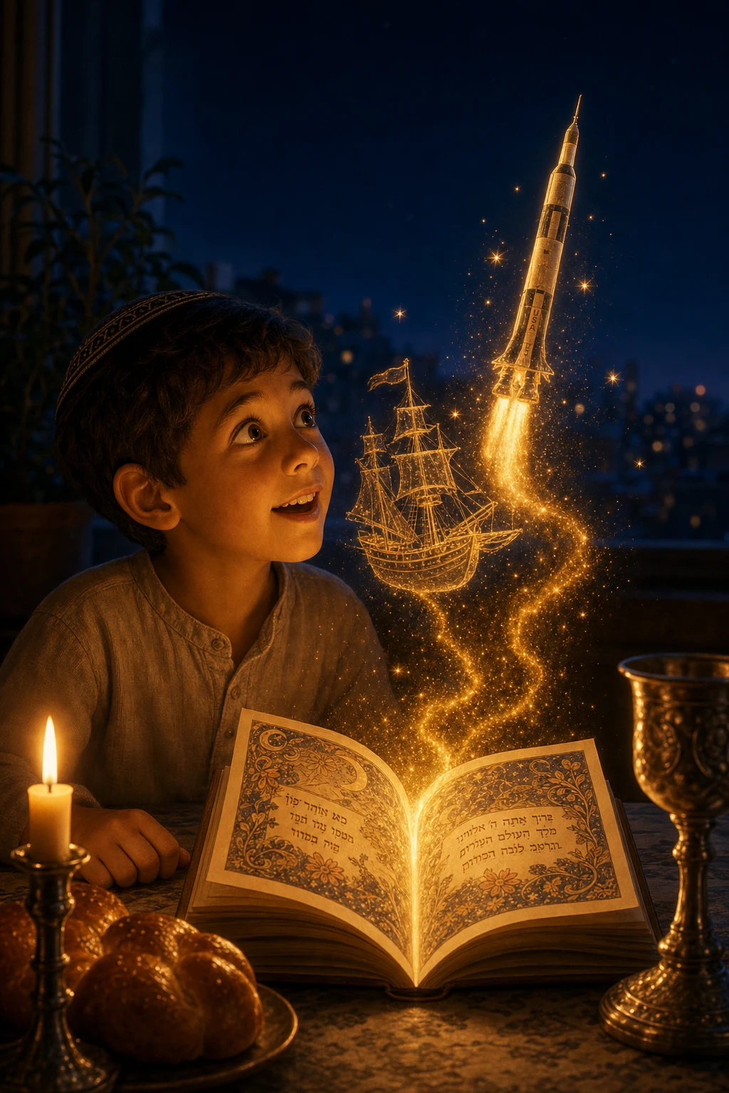 A boy gazing in wonder at a glowing golden rocket rising from a story card