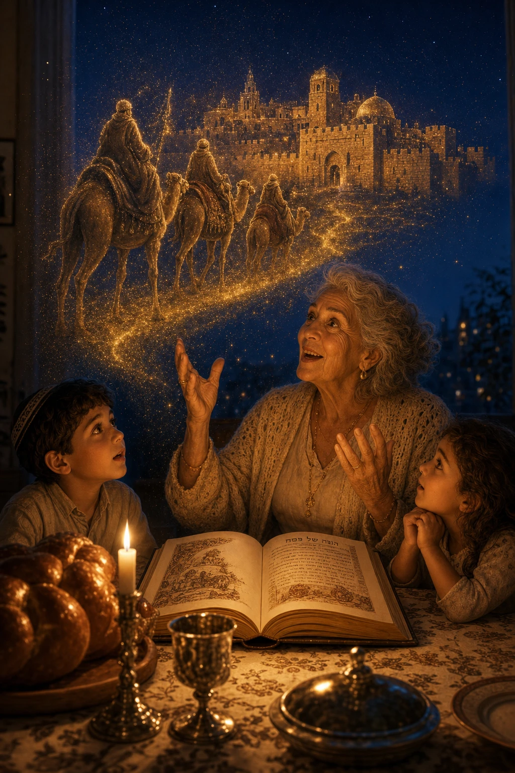 A grandmother telling a story as a golden caravan shimmers above the table