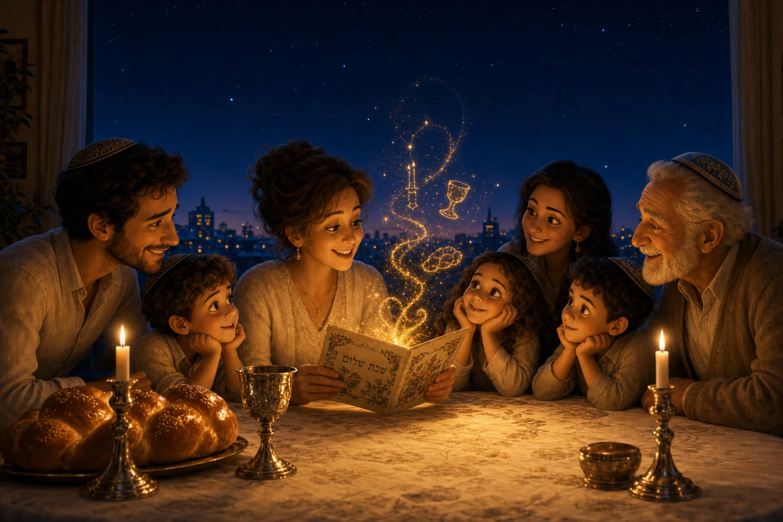 A family leaning in as a story is read aloud at the Shabbat table