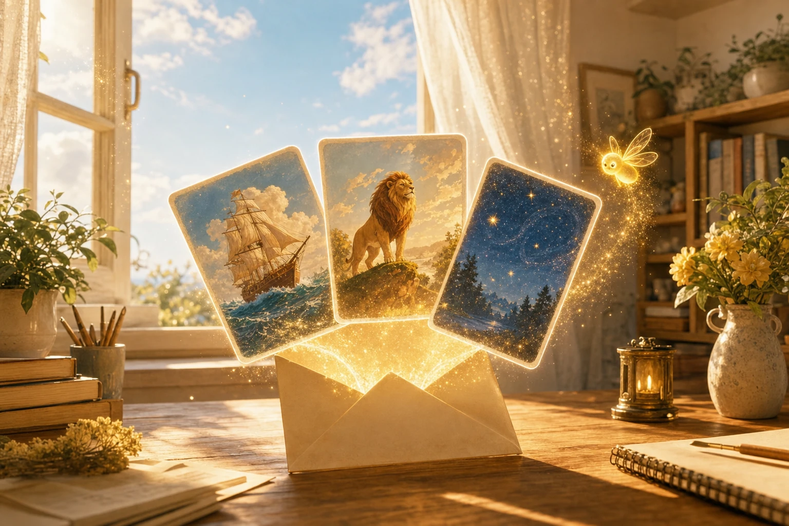 A glowing envelope releasing three illustrated story cards