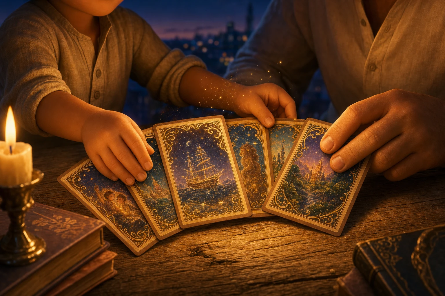 Hands fanning beautifully illustrated golden story cards