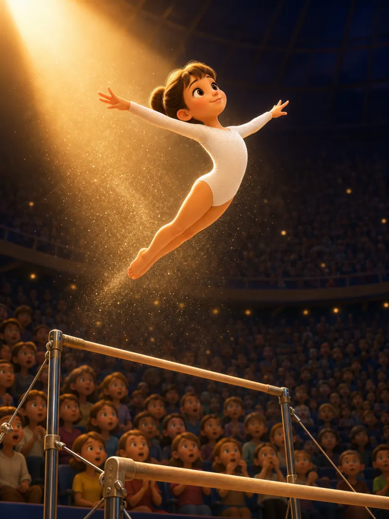 Story cover illustration: a young gymnast soaring above the uneven bars in a beam of golden light